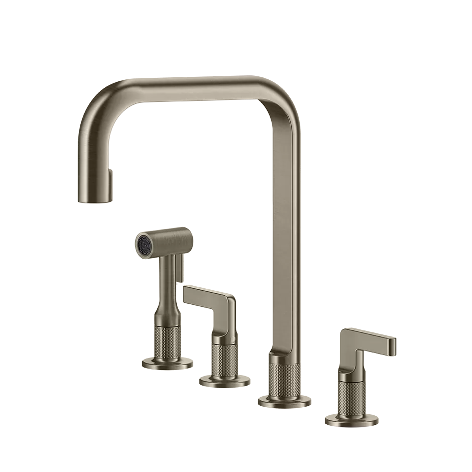 Смеситель для кухни на 4 отверстия с шлангом и лейкой вытяжной излив INCISO 149 Finox Brushed Nickel GESSI