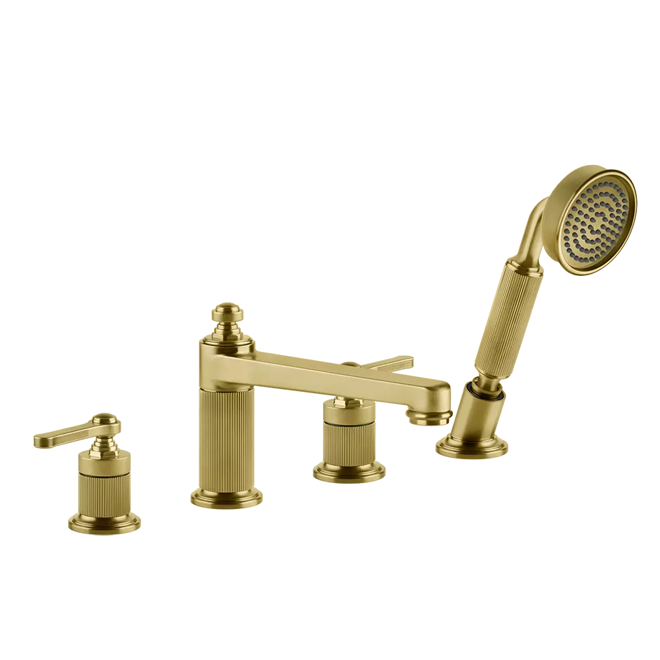 Смеситель для ванны на четыре отверстия с переключателем, изливом для наполнения ванны, гибким шлангом длиной 1,50 м, ручным душем с защитой от известняка