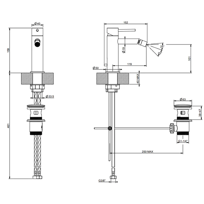 Смеситель для биде с донным клапаном GESSI316 FLESSA 707 Black Metal Brushed PVD GESSI