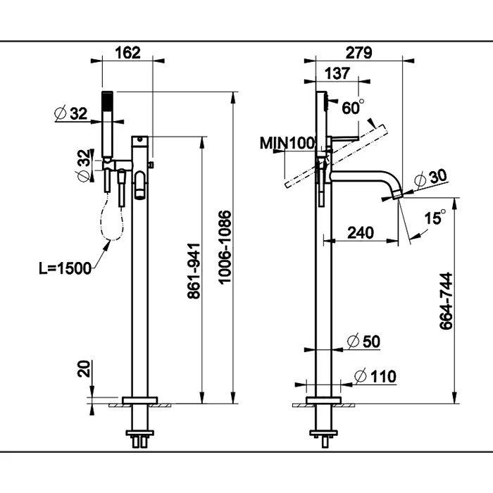 Смеситель для ванны напольный с душевым набором без скрытой части EMPORIO VIA TORTONA 031 Chrome GESSI