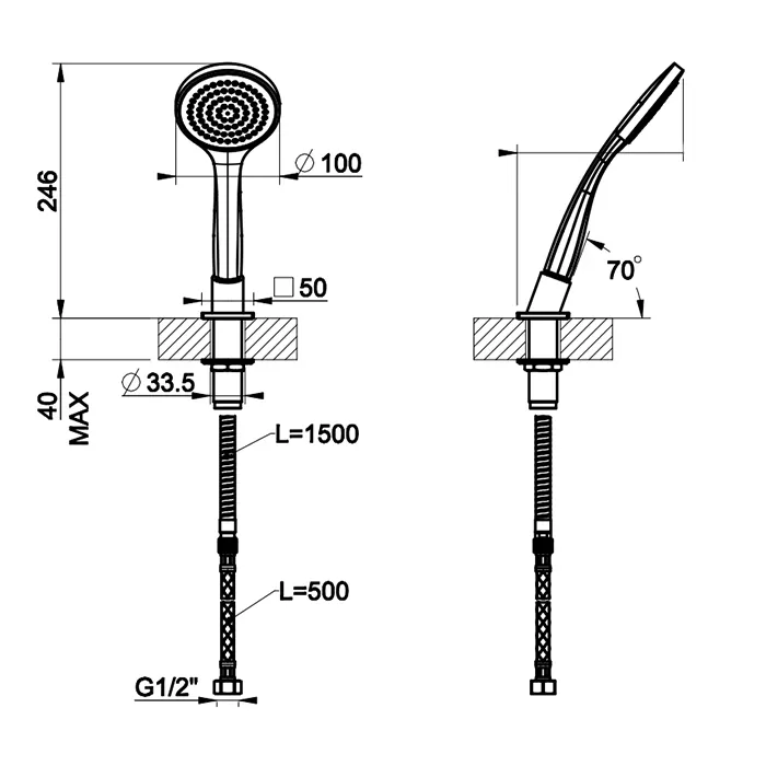 Душевой комплект, состоящий из вывода воды, держателя, шланга 1,50 м и лейки