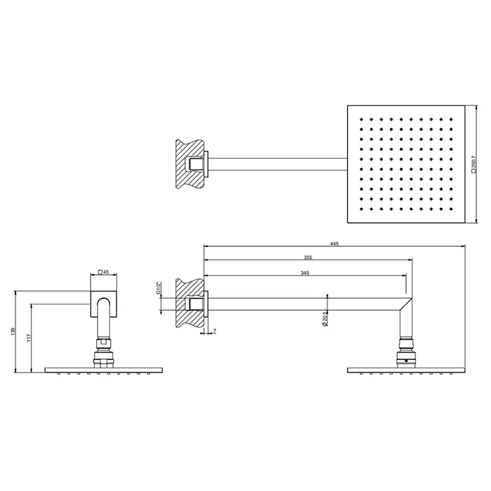 Верхний душ 200x200 настенный монтаж тропический ливень EMPORIO 149 Finox Brushed Nickel GESSI