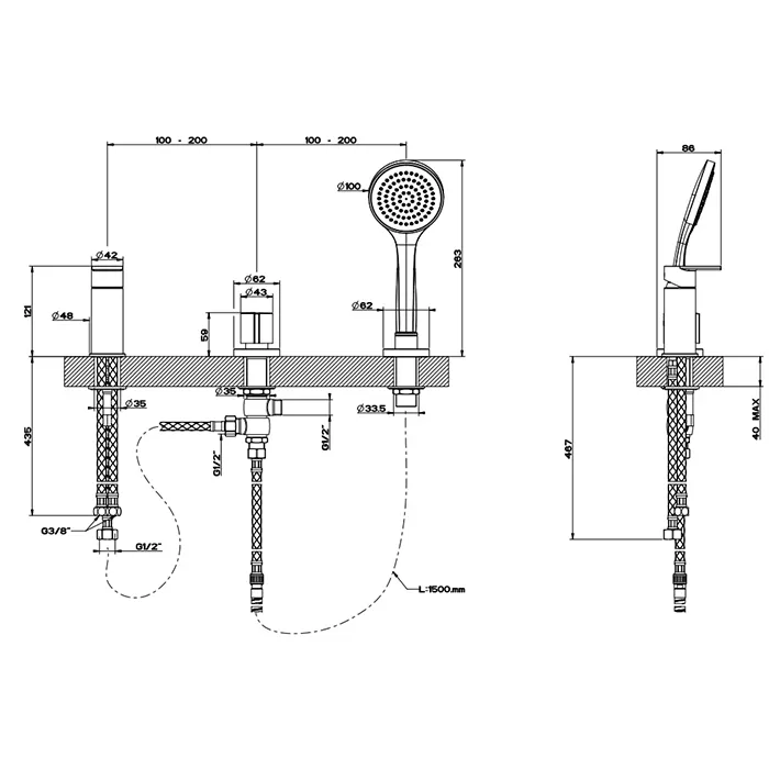 Смеситель на борт ванны 3 отверстия наполнение через слив-перелив с душевым набором EMPORIO VIA MANZONI 299 Black XL GESSI