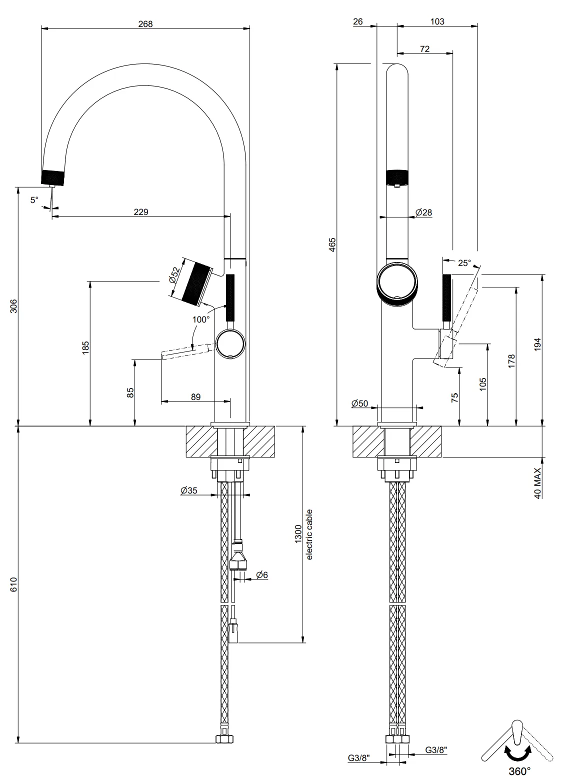 Смеситель для кухни электронный фильтрация горячей/холодной воды газирование 46,5см gessi vita 299 Matte Black