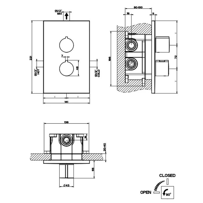 Смеситель для душа термостатический скрытого монтажа внешняя часть 1 поток EMPORIO VIA MANZONI 031 Chrome gessi