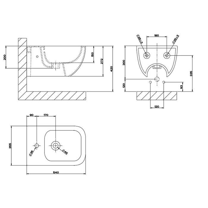 Подвесное биде в керамике с переливом и центральным отверстием под смеситель. Пробки для боковых отверстий в отделке 031