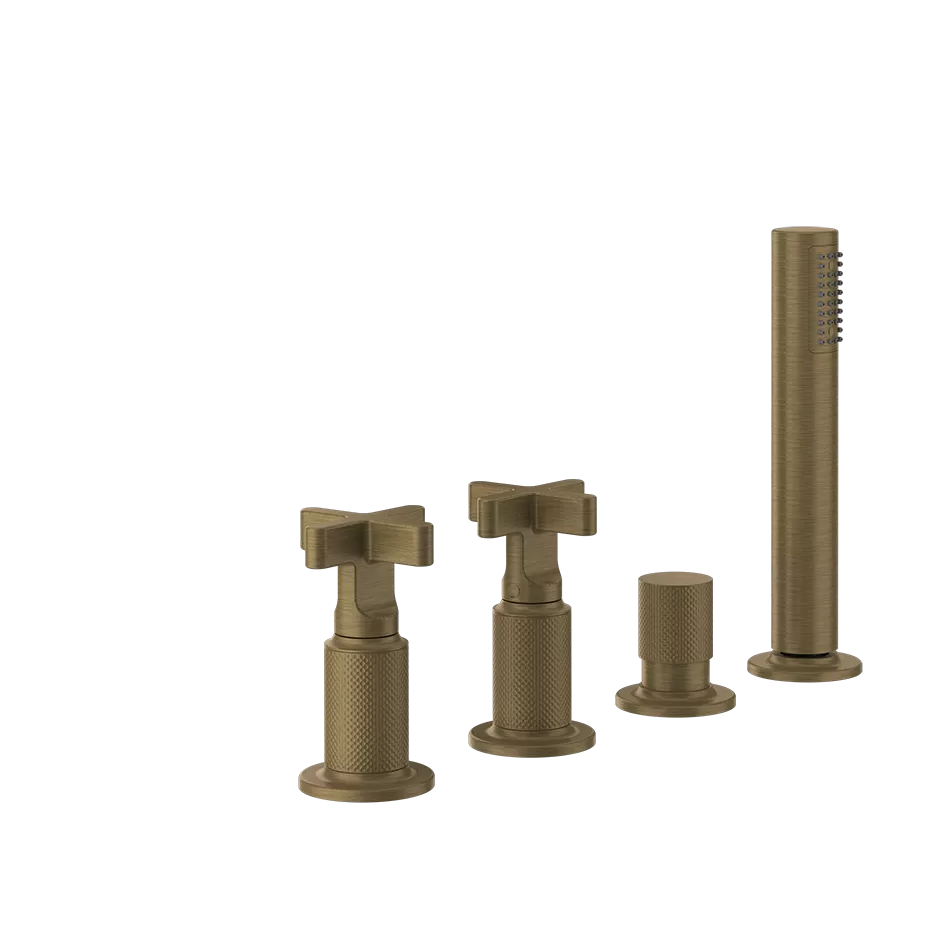 Смеситель на борт ванны 4 отверстия наполнение через слив-перелив с душевым набором INCISO+ 713 Antique Brass GESSI