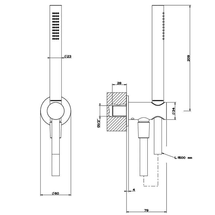 Душевой комплект, состоящий из вывода воды, держателя, шланга 1,50 м и лейки