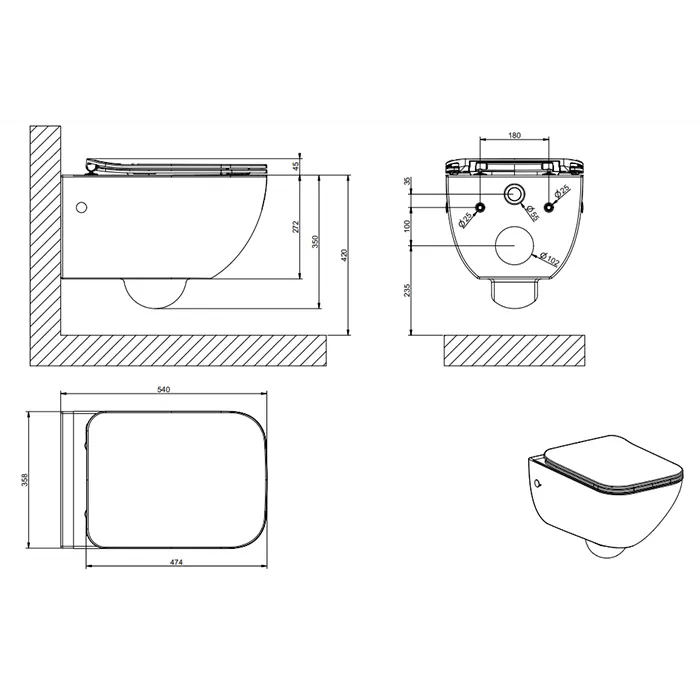 Подвесной керамический унитаз (6 л), в комплекте сиденье, сифон встроен. Петли плавного закрывания и пробки для боковых отверстий в отделке 031