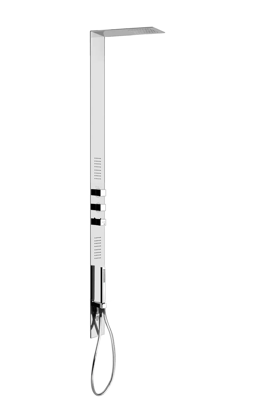 Внешние части для душевой стойки с термостатическим смесителем на 3 выхода: душевая головка, фронтальные форсунки и душевая лейка. Ручки регулировки и душевая лейка QUADRO