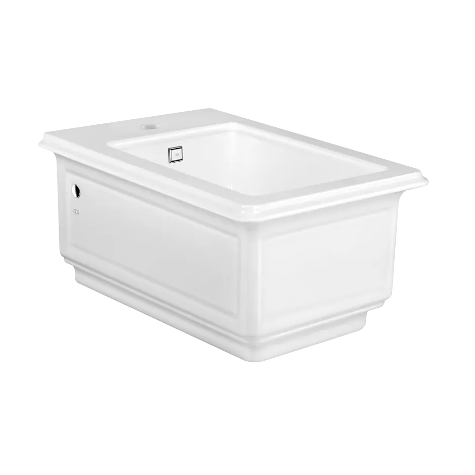 Подвесное биде в керамике с переливом и центральным отверстием под смеситель. Пробки для боковых отверстий в отделке 031