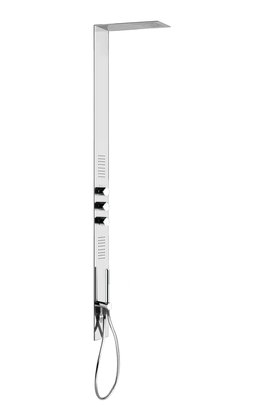 Внешние части для душевой стойки с термостатическим смесителем на 3 выхода: душевая головка, фронтальные форсунки и душевая лейка. Ручки регулировки и душевая лейка TONDO