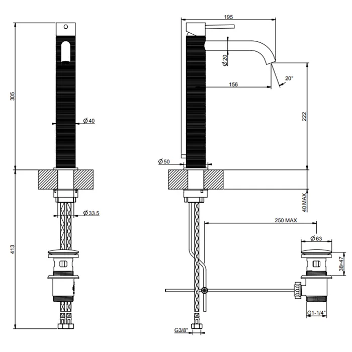 Смеситель для раковины высокий TRAME 707 Black Metal Brushed PVD GESSI