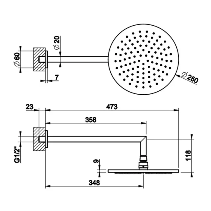 Верхний душ Ø250 настенный монтаж тропический ливень ANELLO 299 Black XL GESSI