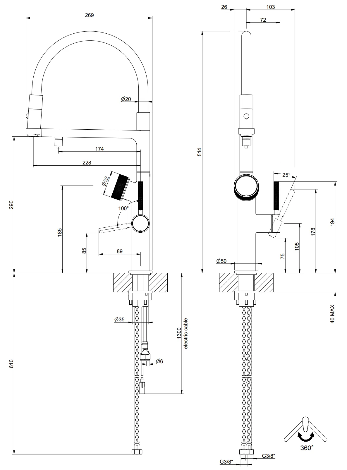 Смеситель для кухни электронный фильтрация горячей/холодной и газирование воды 51см гибкий излив gessi vita 708 Copper Brushed PVD