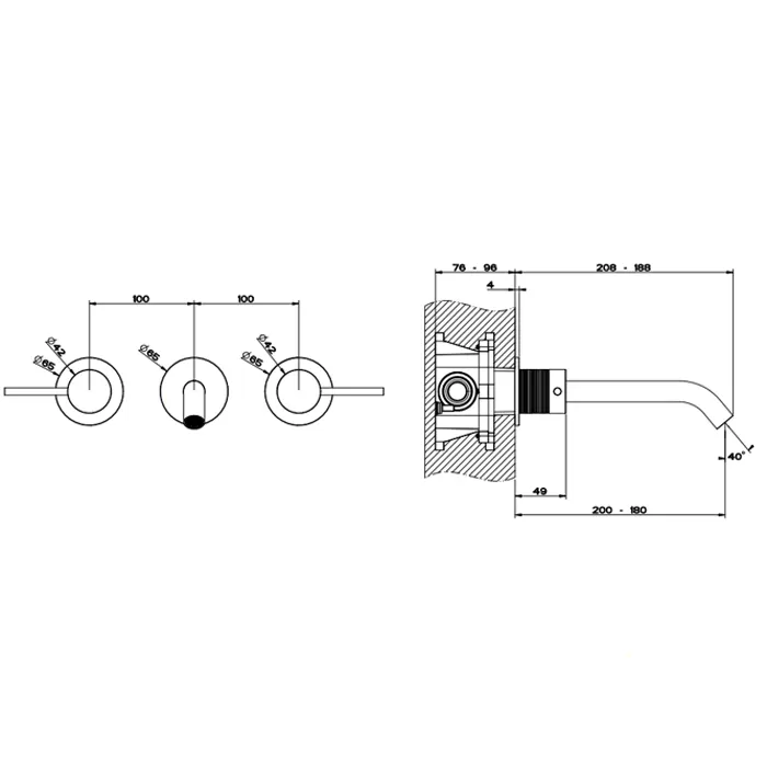 Смеситель для раковины настенный скрытого монтажа на 3 отверстия с длинным изливом TRAME 239 Steel Brushed GESSI