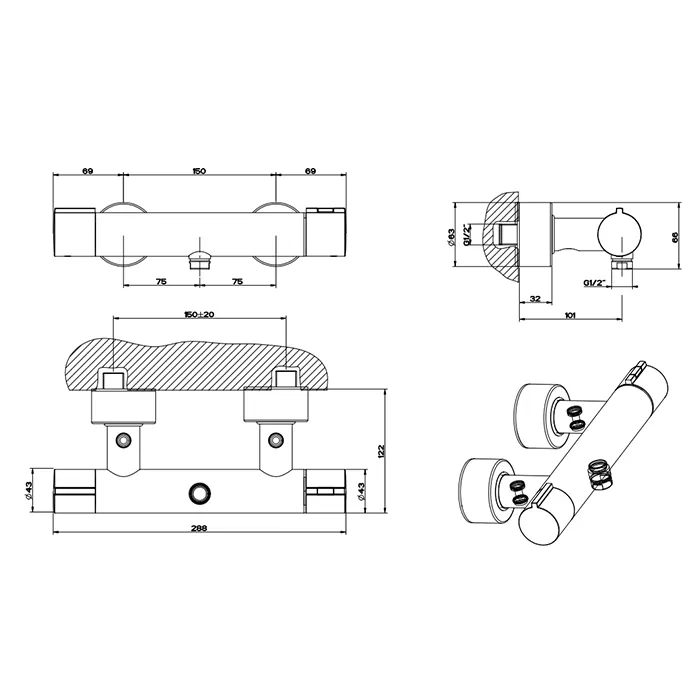 Смеситель для душа настенный термостатический EMPORIO VIA TORTONA 299 Black XL GESSI