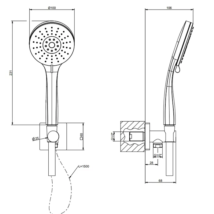 Gessi Emporio shower Душевой комплект: вывод воды, держатель, шланг 1,50 м и  3-позиционная душевая лейка с защитой от изв. налёта, цвет: Chrome