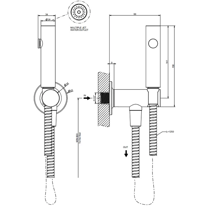 Гигиенический душ со шлангом держателем и скрытым подключением без смесителя INCISO 727 Brushed Brass PVD GESSI