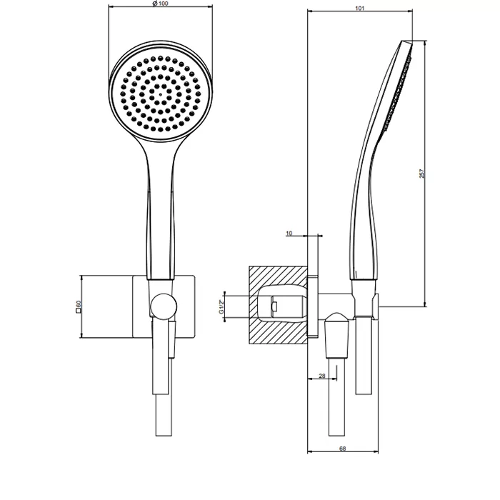 Душевой комплект, состоящий из вывода воды, держателя, шланга 1,50 м и лейки