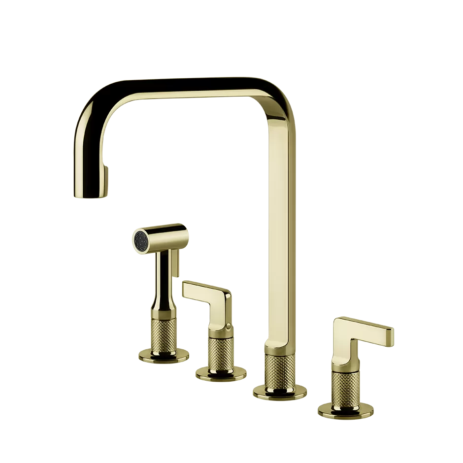 Смеситель для кухни на 4 отверстия с шлангом и лейкой вытяжной излив INCISO 710 Brass PVD GESSI