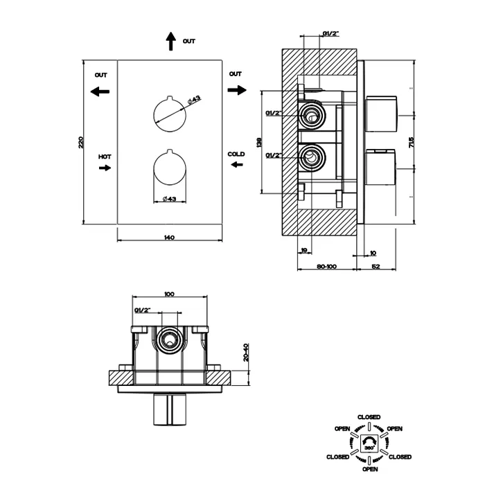 Смеситель для ванны/душа термостатический скрытого монтажа внешняя часть 3 потока EMPORIO VIA MANZONI 149 Finox Brushed Nickel gessi
