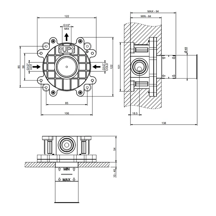 Встраиваемая часть для однорычажного смесителя для душа/раковины