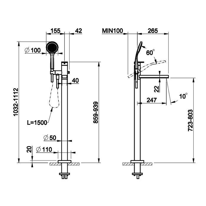Gessi Via manzoni Внешние части для напольного смесителя для ванны с душевой лейкой, цвет: Black XL