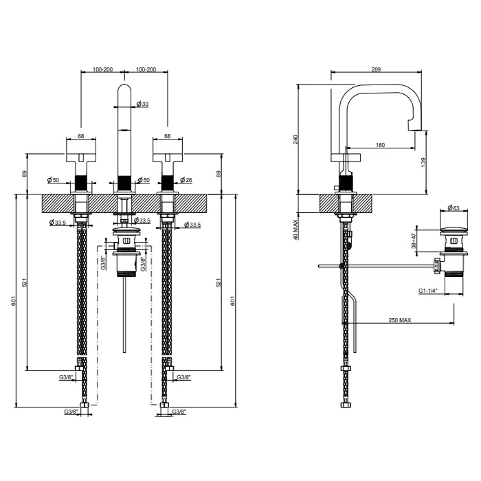Смеситель для раковины средний на 3 отверстия INCISO + 246 Gold PVD GESSI