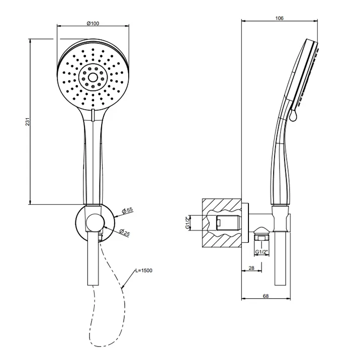 Gessi Emporio shower Душевой комплект: вывод воды, держатель, шланг 1,50 м и  3-позиционная душевая лейка с защитой от изв. налёта, цвет: Chrome