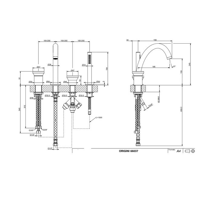 Смеситель на борт ванны 4 отверстия с изливом и душевым набором ORIGINI вставка в комплекте можно дополнительно комплектовать вставками арт.66600 или арт.66602 031 Chrome GESSI
