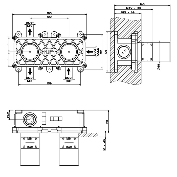 Встраиваемая часть для смесителя на 2 выхода для душа
