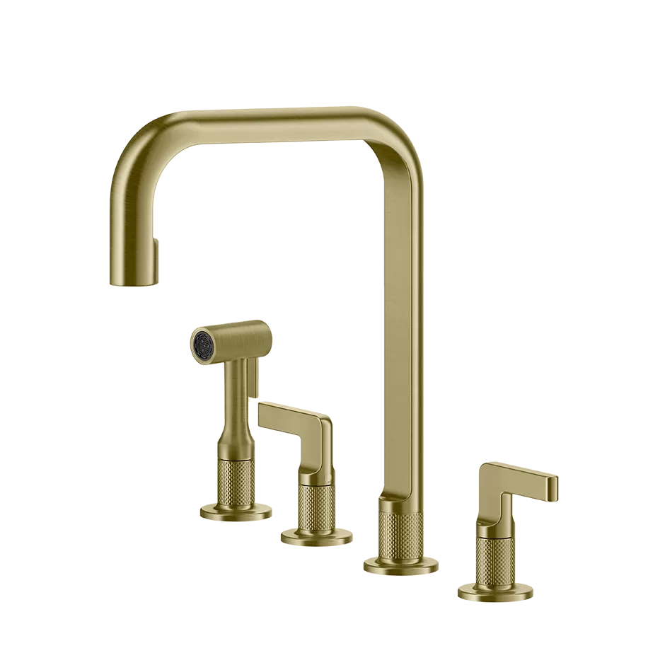 Смеситель для кухни на 4 отверстия с шлангом и лейкой вытяжной излив INCISO 727 Brushed Brass PVD GESSI