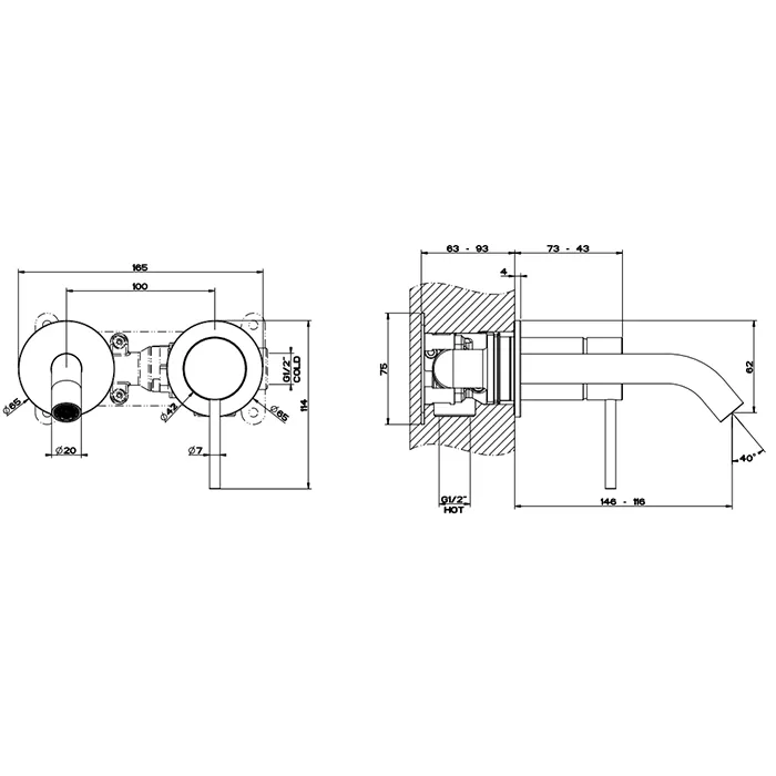 Смеситель для раковины настенный скрытого монтажа с средним изливом FLESSA 707 Black Metal Brushed PVD GESSI