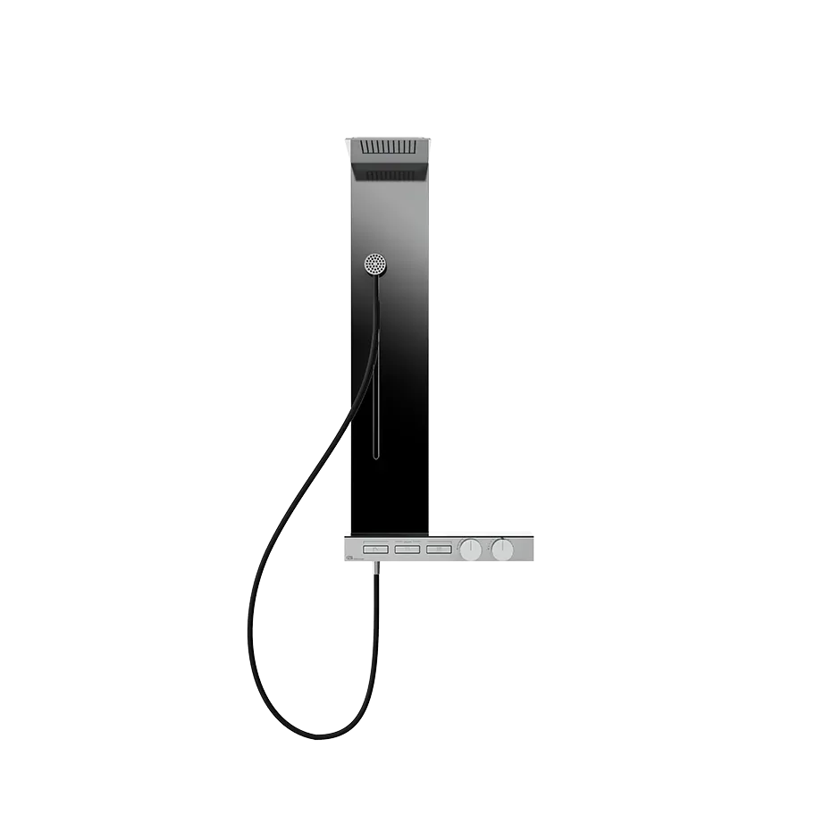 Настенный термостатический смеситель, до 3 функций одновременно с кнопками вкл/выкл. В комплекте с душевой головкой, каскадом имагнитным ручным душем на штанге.