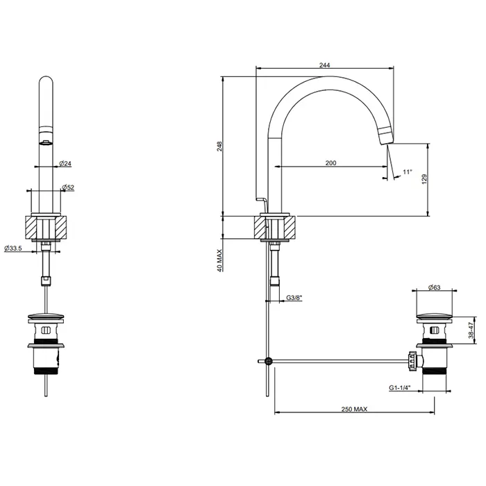 Gessi Via tortona Излив для умывальника, средняя длина, донный клапан в комплекте, цвет: Black XL