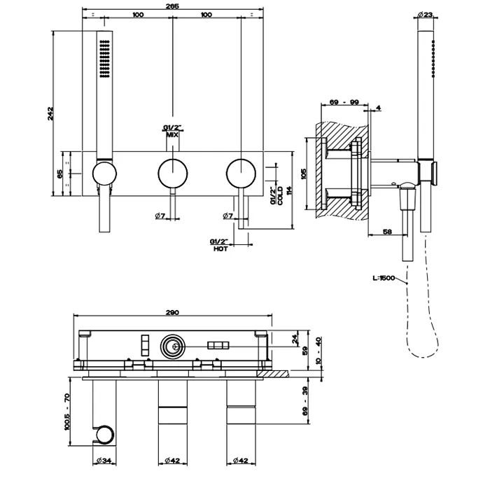 Смеситель для ванны/душа скрытого монтажа с душевым набором внешняя часть 2 потока GESSI316 707 Black Metal Brushed PVD GESSI