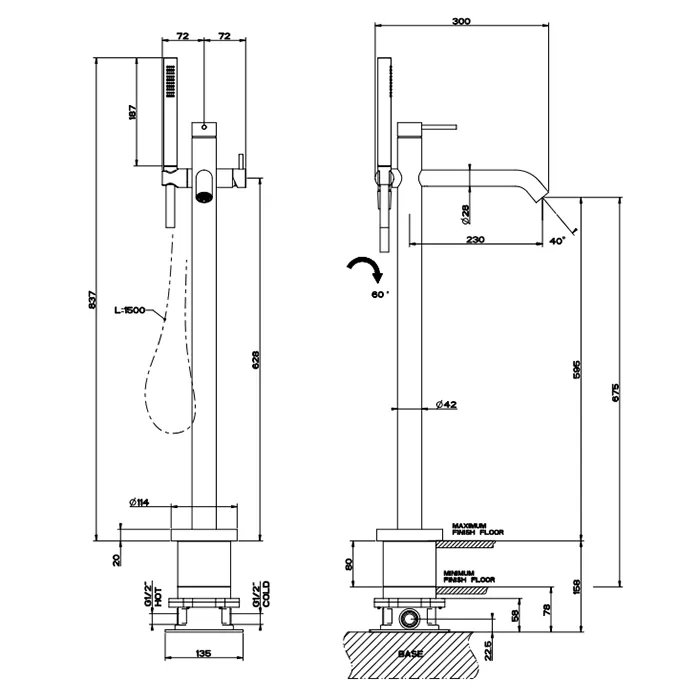 Смеситель для ванны напольный с душевым набором без скрытой части GESSI316 707 Black Metal Brushed PVD GESSI