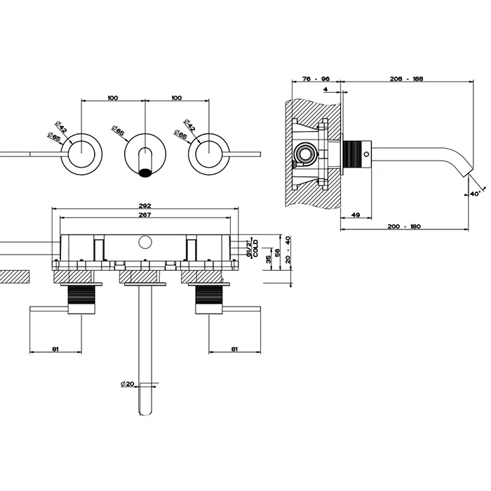 Смеситель для раковины настенный скрытого монтажа на 3 отверстия с длинным изливом TRAME 707 Black Metal Brushed PVD GESSI