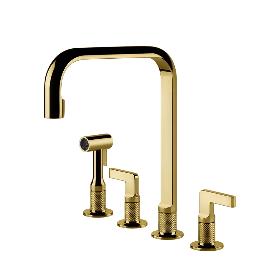 Смеситель для кухни на 4 отверстия с шлангом и лейкой вытяжной излив INCISO 246 Gold PVD GESSI