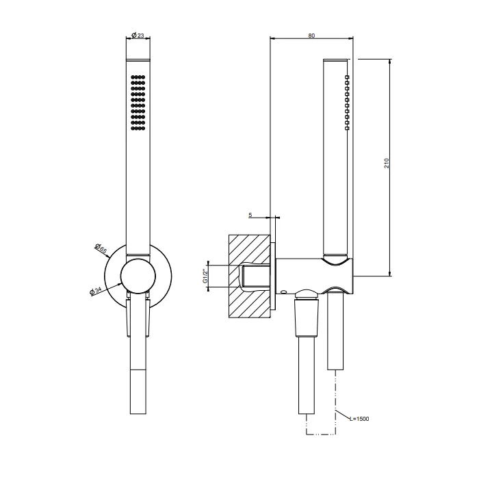 Душевой комплект, состоящий из вывода воды, держателя, шланга 1,50 м и лейки