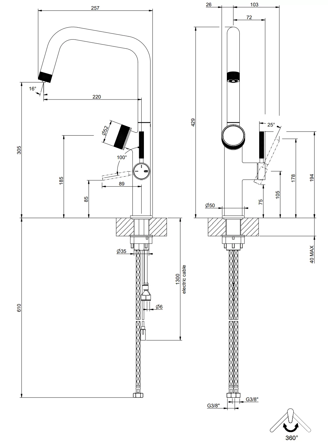 Смеситель для кухни электронный фильтрация горячей/холодной воды газирование 43см gessi vita 707 Black Metal Br. PVD