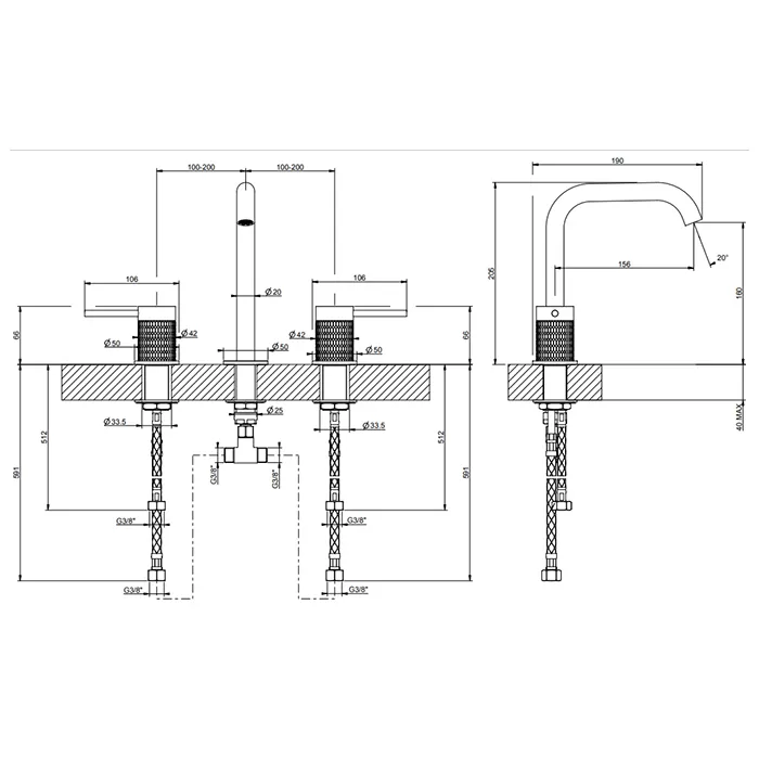 Смеситель для раковины на 3 отверстия MECCANICA 707 Black Metal Brushed PVD GESSI