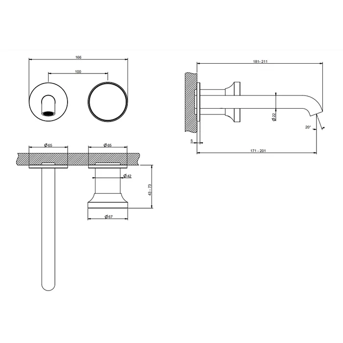 Смеситель для раковины настенный скрытого монтажа с коротким изливом вставка в комплекте, можно дополнительно комплектовать вставками арт.66600 или арт.66602 ORIGINI 149 Finox Brushed Nickel GESSI