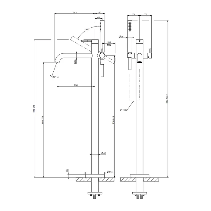 Смеситель для ванны напольный с душевым набором без скрытой части GESSI316 299 Black XL GESSI