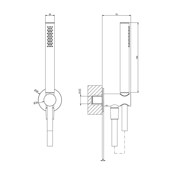 Душевой комплект, состоящий из вывода воды, держателя, шланга 1,50 м и лейки