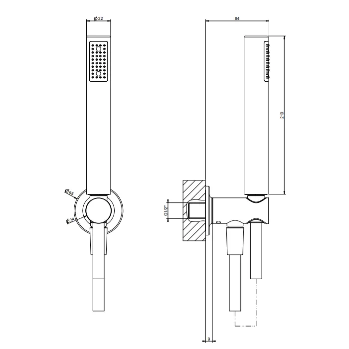 Душевой комплект, состоящий из вывода воды, держателя, шланга 1,50 м и лейки