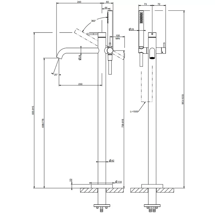 Смеситель для ванны напольный с душевым набором без скрытой части GESSI316 727 Brushed Brass PVD GESSI