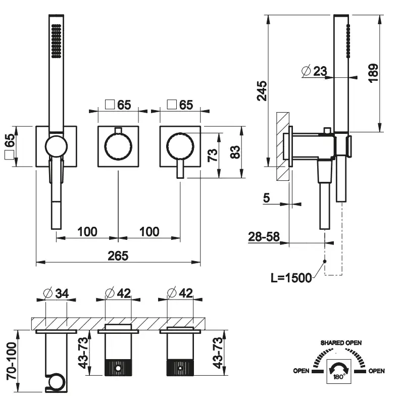 Смеситель для ванны/душа скрытого монтажа с душ набором на 2 потока GESSI INCASTRI 710 Brass PVD