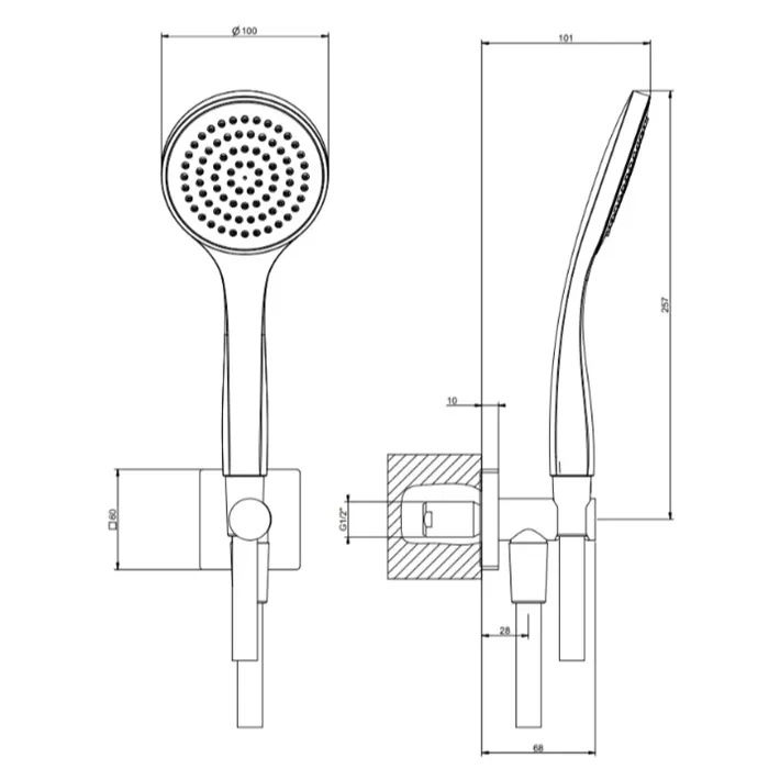 Душевой комплект, состоящий из вывода воды, держателя, шланга 1,50 м и лейки